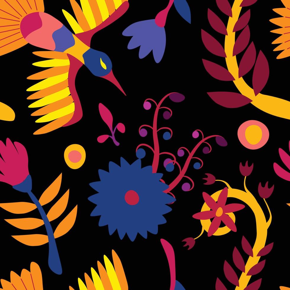 vektor sömlös mönster i folklore stil. inspirerad förbi traditionell mexikansk otomi broderi. blommig och djur- element, vibrerande färger