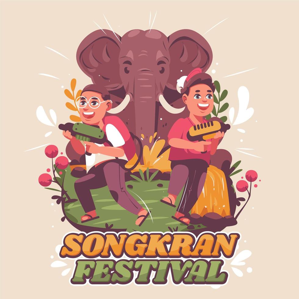 zwei glückliche Kinder, die Songkran-Fest feiern vektor