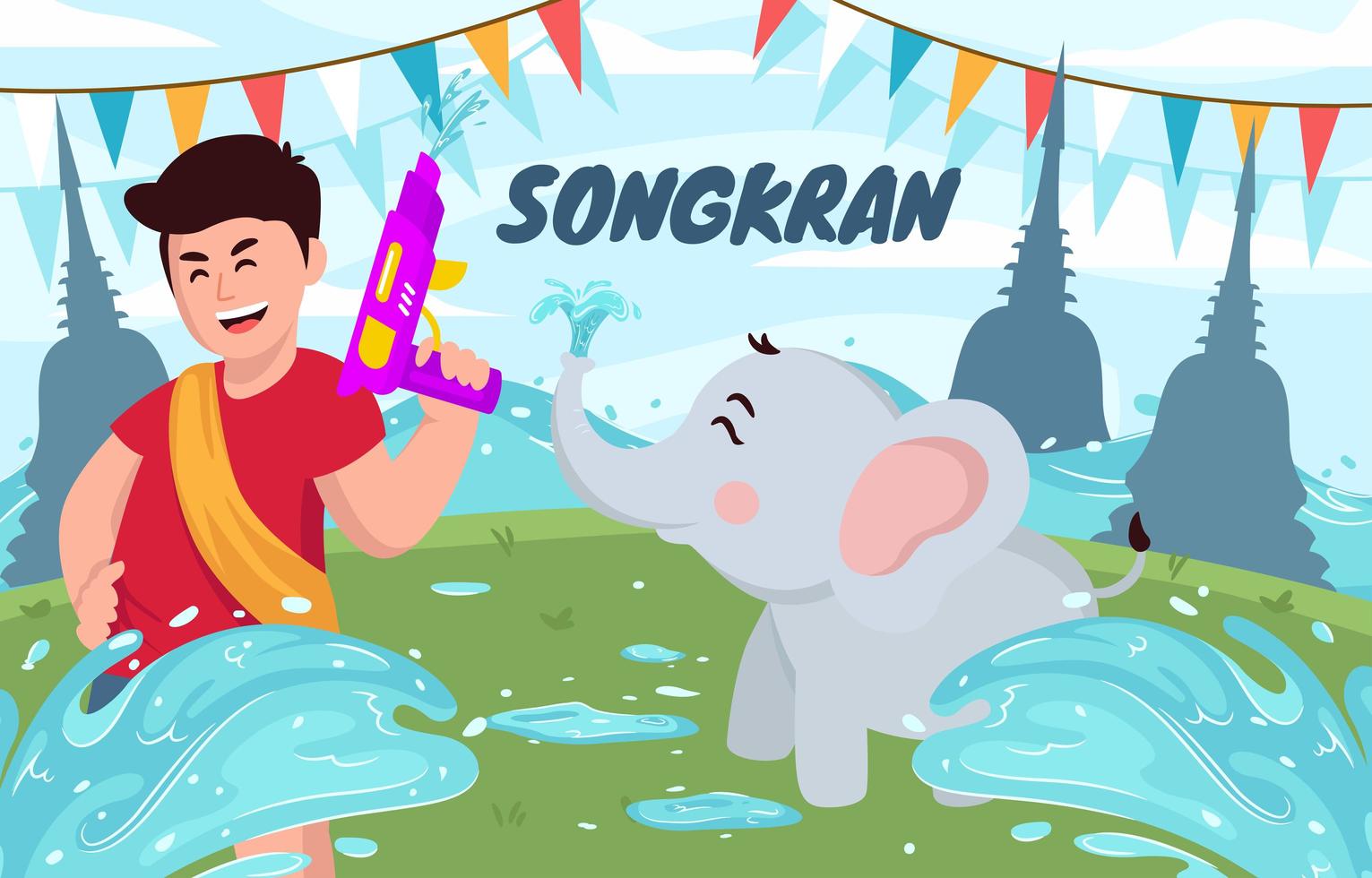 songkran festival med glada barn och elefant vektor