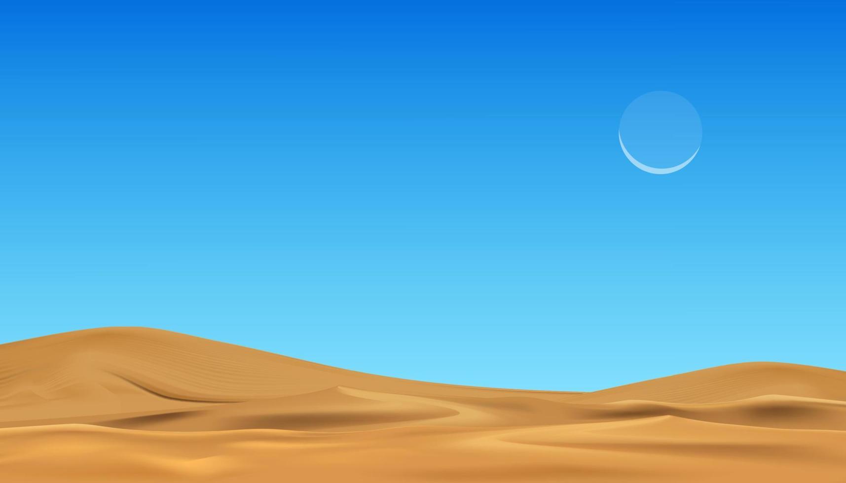 sand strand och blå himmel, öken landskap sand sanddyner med halvmåne måne på klar himmel, vektor islam, muslimer religion månad av generös ramadan, nytt måne, bön tid.eid mubarak, eid al adha, eid al fitr