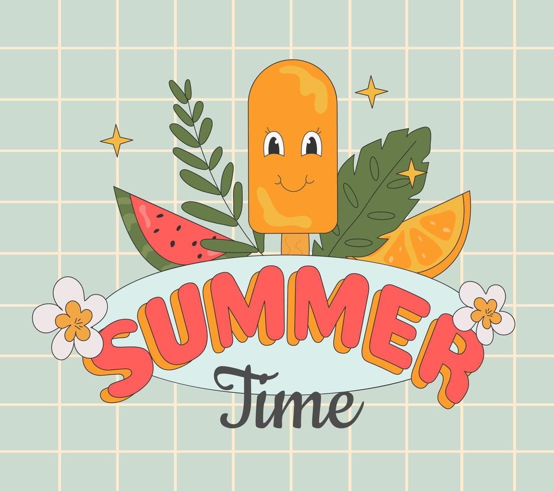 groovig Sommer- Etikette mit fruchtig und tropisch Blätter, Karikatur Eiscreme, Text auf retro Hintergrund vektor
