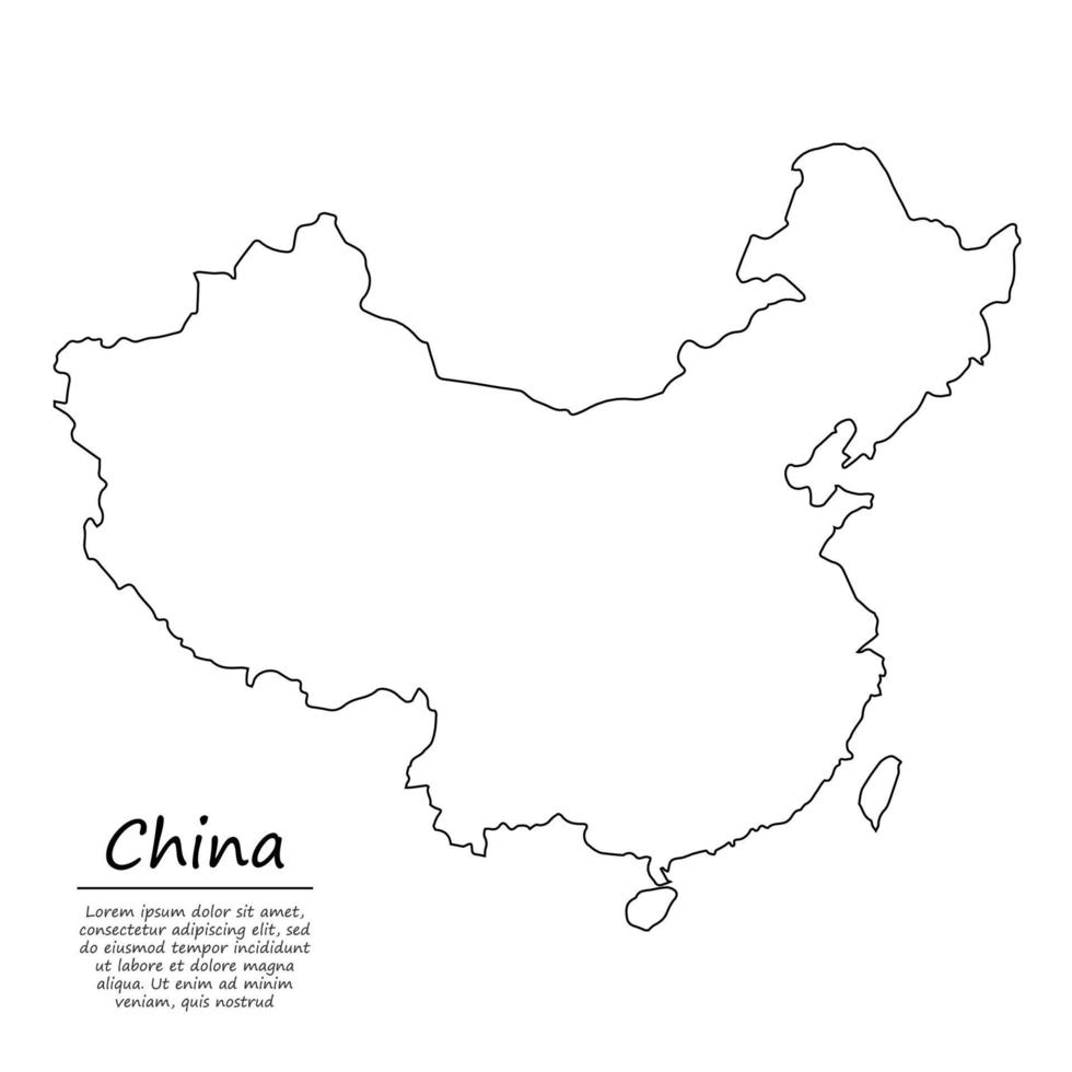 enkel översikt Karta av Kina, i skiss linje stil vektor