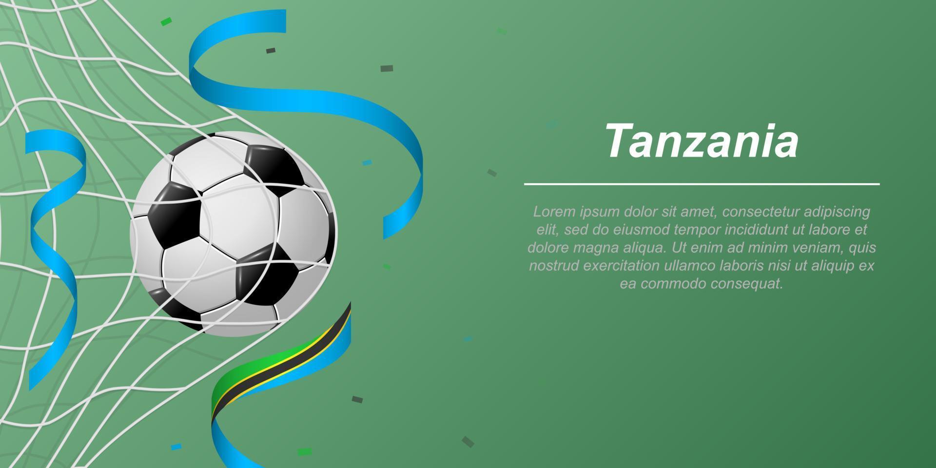 Fußball Hintergrund mit fliegend Bänder im Farben von das Flagge von Tansania vektor
