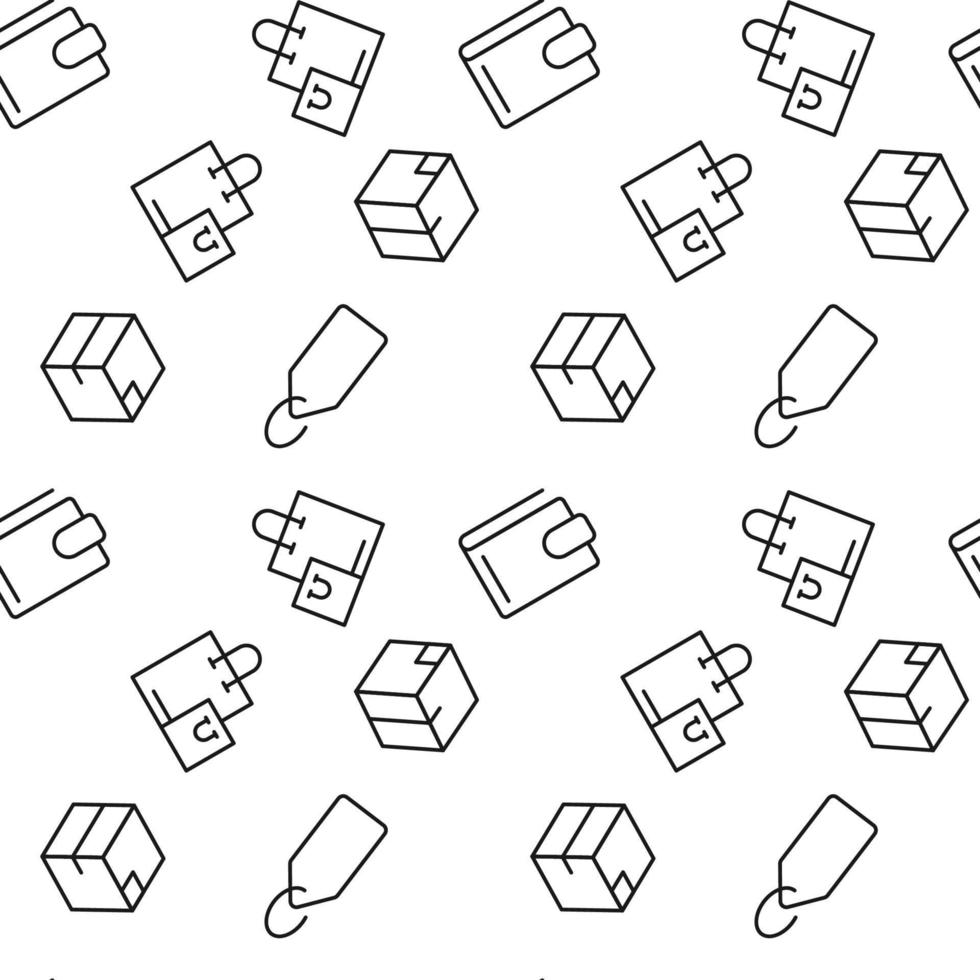 svartvit vektor sömlös mönster av låda, pris, handla påsar för webb webbplatser och polygrafi