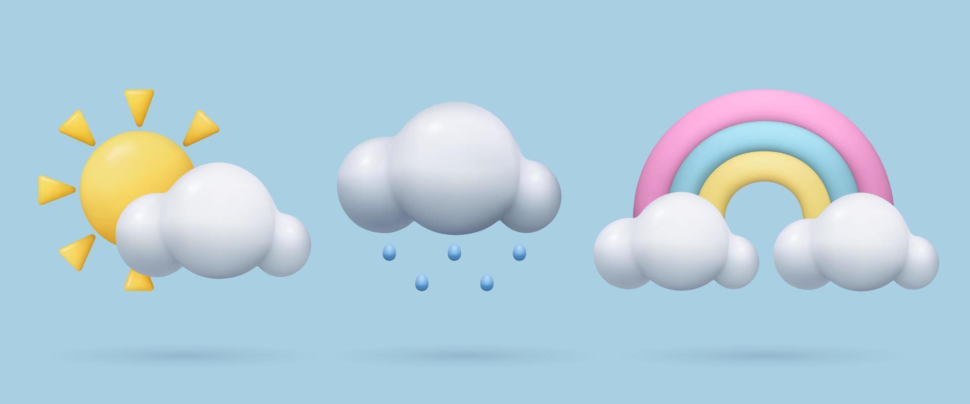 3d Wetter Symbole einstellen Sonne, Wolken, Regenbogen und Regen auf Blau Himmel Hintergrund.. realistisch drei dimensional Karikatur Plastik Wetter Symbol. süß Baby Design Element im Pastell- Rosa, Blau und Gelb Farben. vektor