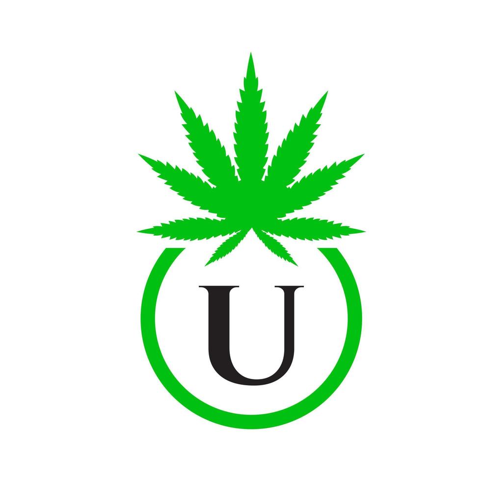 cannabis logotyp tecken begrepp u alfabet symbol för terapi, medicinsk och hälsa vård och marijuana logotyp vektor