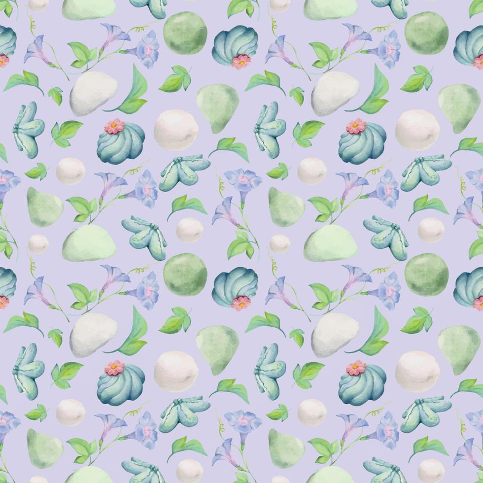 Aquarell nahtlos Muster mit Hand gezeichnet traditionell japanisch Süßigkeiten. wagashi, mochi, Sommer- Blumen isoliert auf Farbe Hintergrund. Einladungen, Restaurant Speisekarte, Gruß Karten, drucken, Textil- vektor
