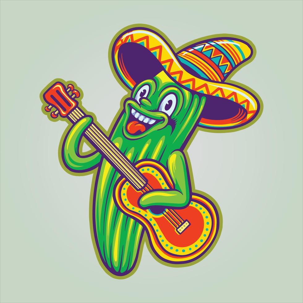 mexikansk kaktus gitarr sombrero hatt cinco de mayo logotyp tecknad serie illustrationer vektor
