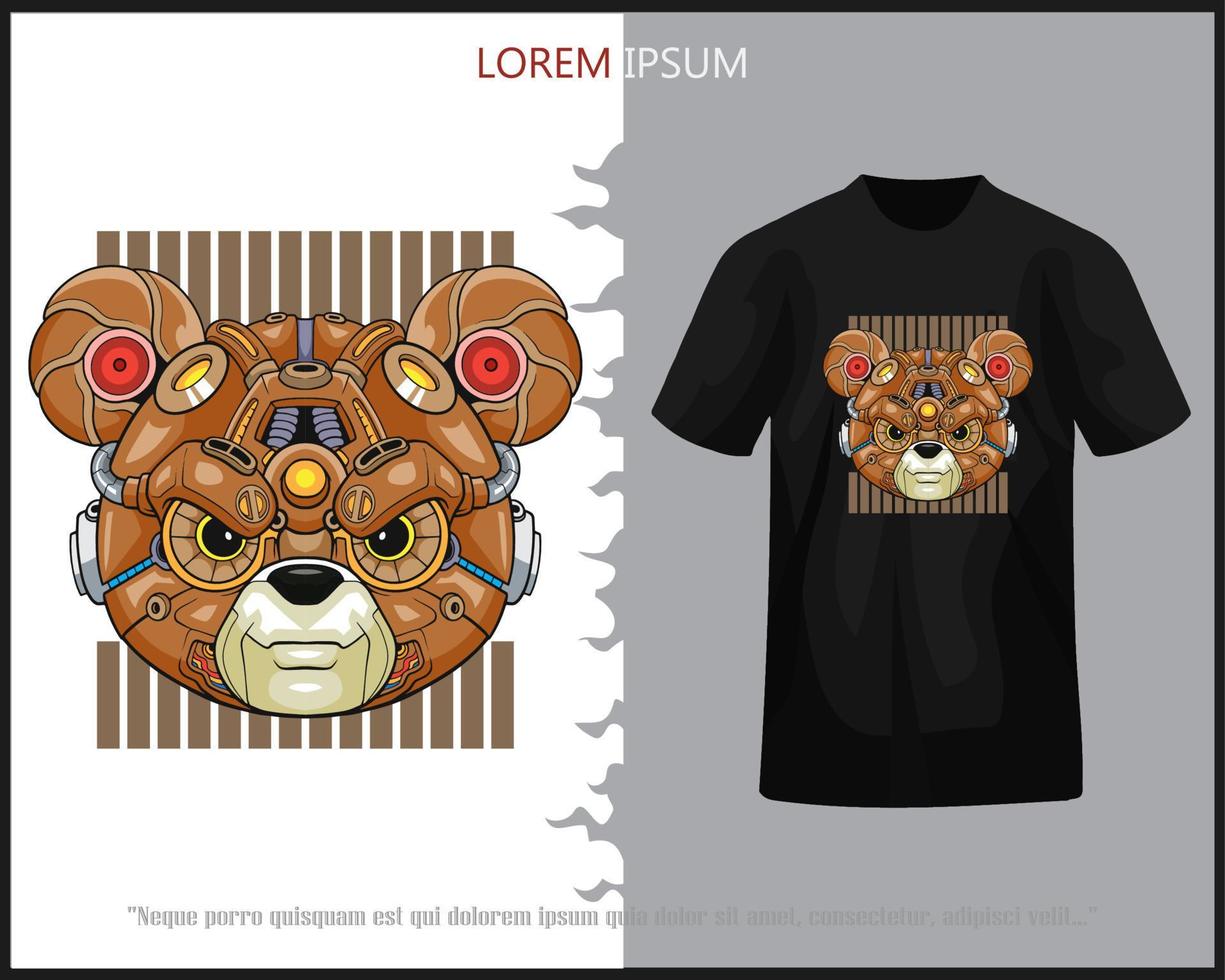 Teddy Bär Kopf Mecha Roboter Maskottchen isoliert auf schwarz T-Shirt. vektor