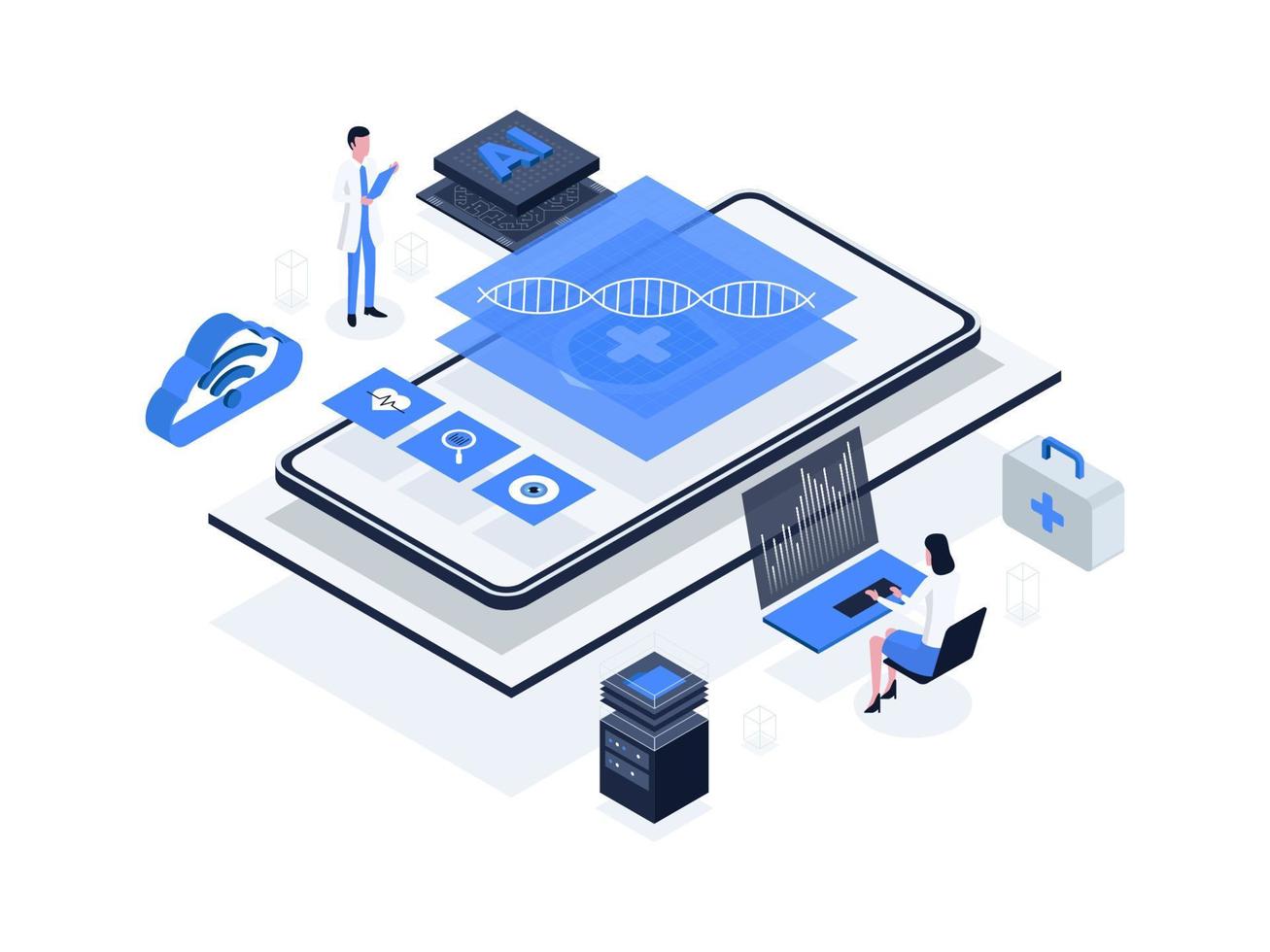 vorausschauend Analytik im Gesundheitspflege. nutzen Daten und statistisch Algorithmen zu Prognose geduldig Ergebnisse. künstlich Intelligenz im Gesundheitswesen isometrisch Illustration vektor