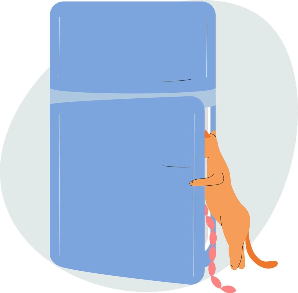 de katt har öppnad de kylskåp och är påfrestande till skaffa sig korvar ut av de kylskåp. vektor
