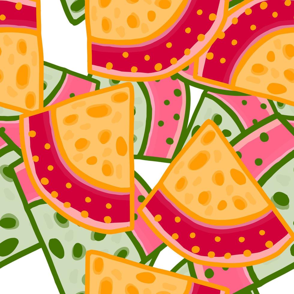 Hand gezeichnet Wassermelone Scheiben nahtlos Muster. komisch Obst Hintergrund. vektor