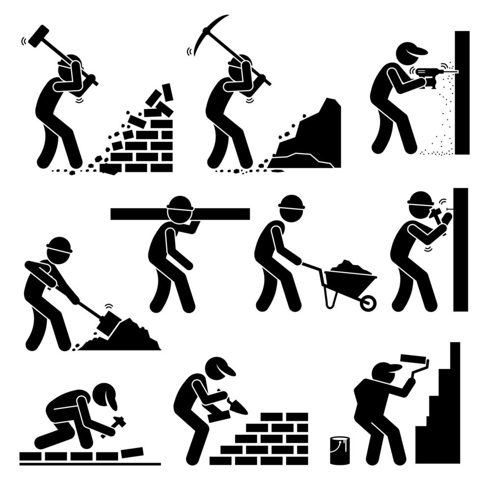 Bauherren Bauarbeiter Arbeiter bauen Häuser mit Werkzeugen und Ausrüstung auf der Baustelle. vektor