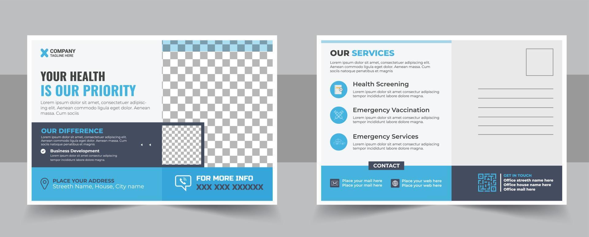 hälsa vård, dental vård medicinsk vykort mall, medicinsk och sjukvård vykort flygblad mall vektor
