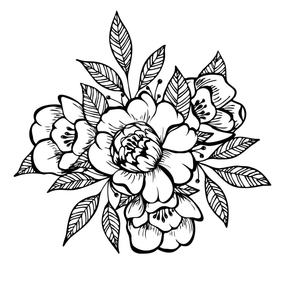 doodle art blomma och blad isolerad på vit bakgrund. handritad illuatration pion blomma. vektor