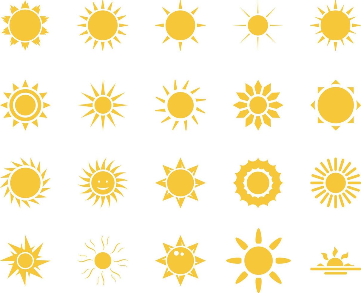 Sonne, Meer. Sommer- Zeit Symbol Satz. einstellen von Gelb Symbole von das Sonne, isoliert auf Weiß Hintergrund . vektor