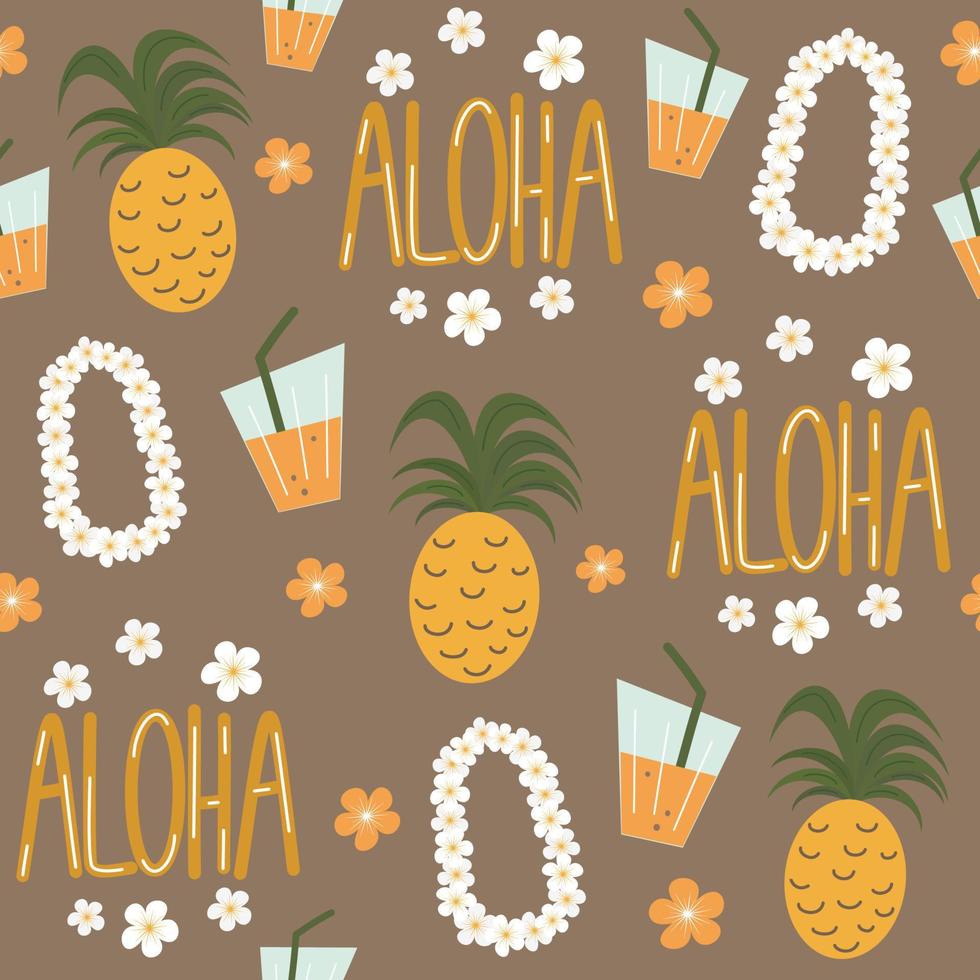 söt sommar sömlös vektor mönster bakgrund illustration med hawaiian blommor halsband, ananas, cocktail och aloha hand dragen text