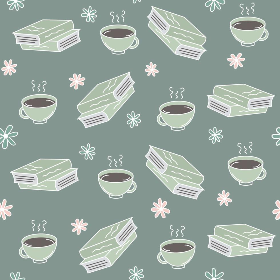 söt tecknad serie sömlös vektor mönster bakgrund illustration med böcker, kopp av kaffe och daisy blommor