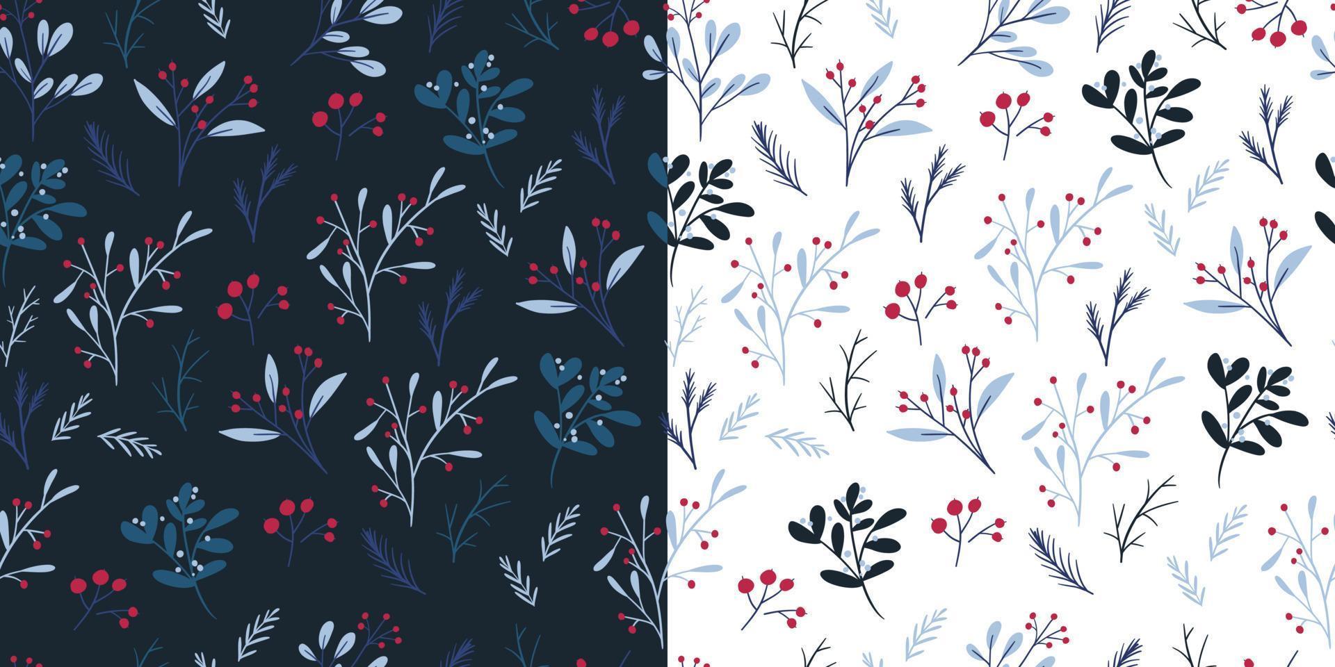 Winter botanisch nahtlos Muster Satz, eben Vektor Illustration. Weiß und dunkel Blau Hintergründe. Weihnachten Verpackung Papier Design. elegant Blumen- Muster.