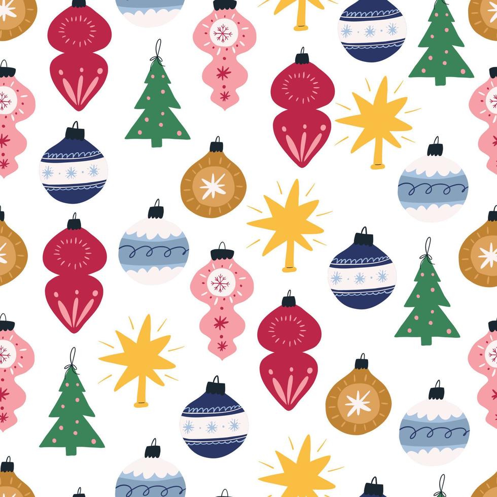 jul träd dekoration, olika söt grannlåt - sömlös mönster, platt vektor illustration på vit bakgrund. hand dragen retro bollar till hänga på jul träd.