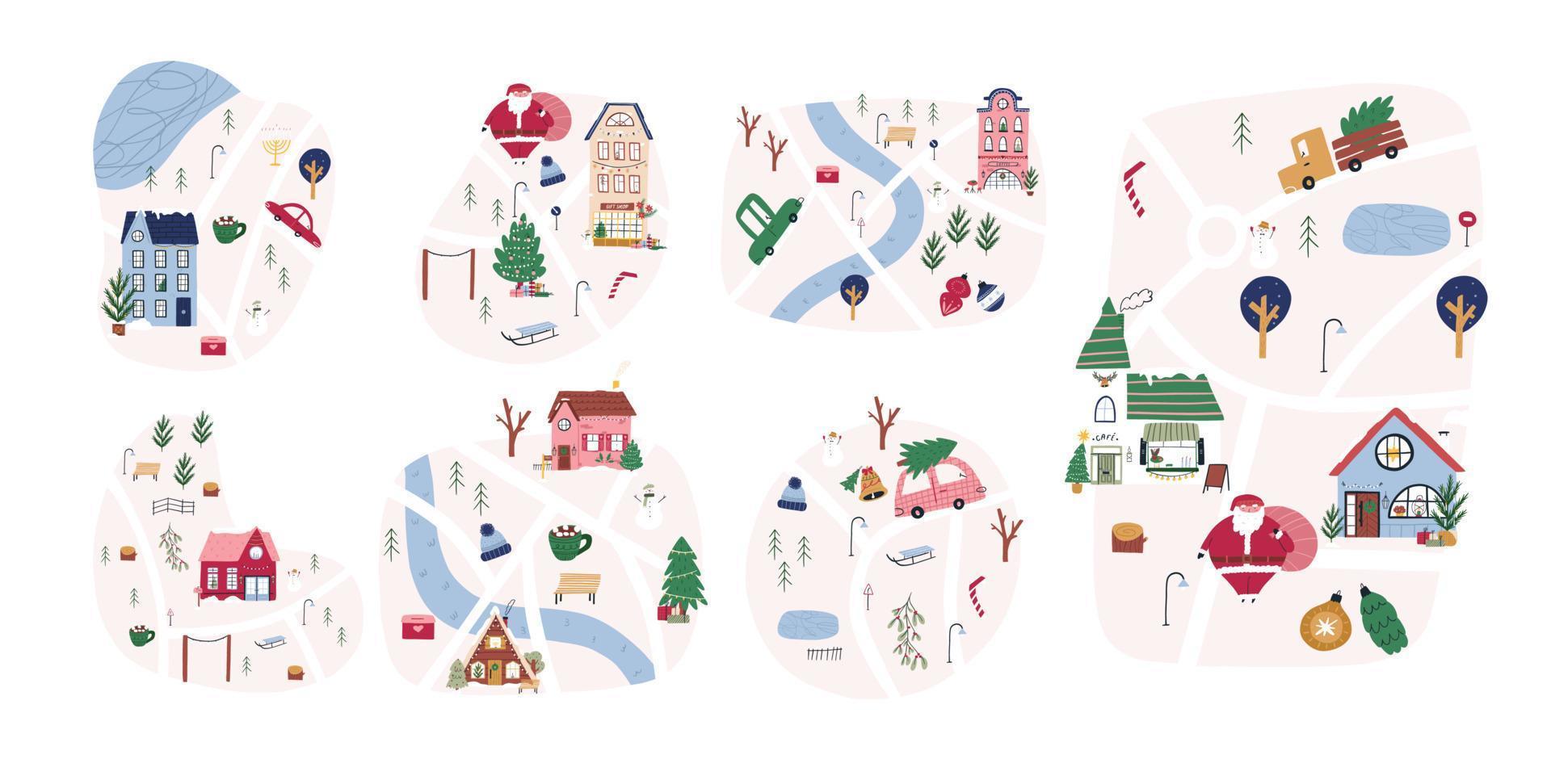 söt vinter- Karta uppsättning, hand dragen stad eller stad - tecknad serie platt vektor illustration isolerat på vit bakgrund. barnslig Kartor med vägar, hus, träd och jul dekorationer.