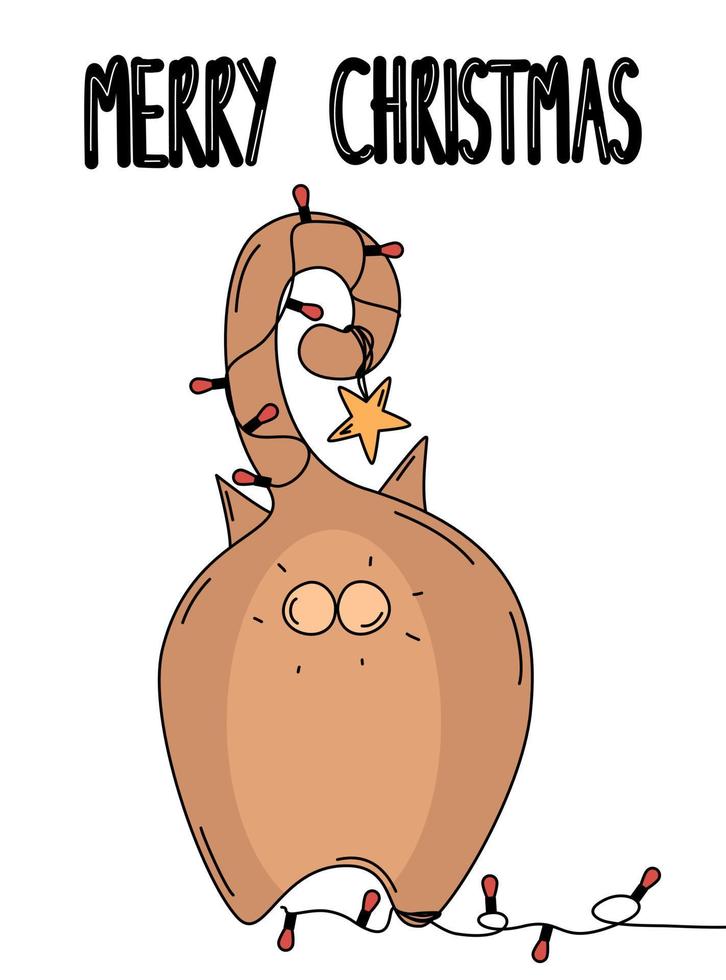 süß Karikatur Ferien Karikatur Vektor Karte Illustration mit Katze und Weihnachten Baum Beleuchtung und Hand gezeichnet Beschriftung fröhlich Weihnachten Text