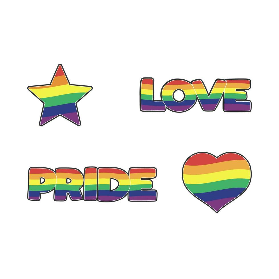 uppsättning av lgbtq gemenskap klistermärken med flagga, stjärna och hjärta former med regnbåge färger. stolthet månad symboler och slogan. Gay parad ikoner. vektor