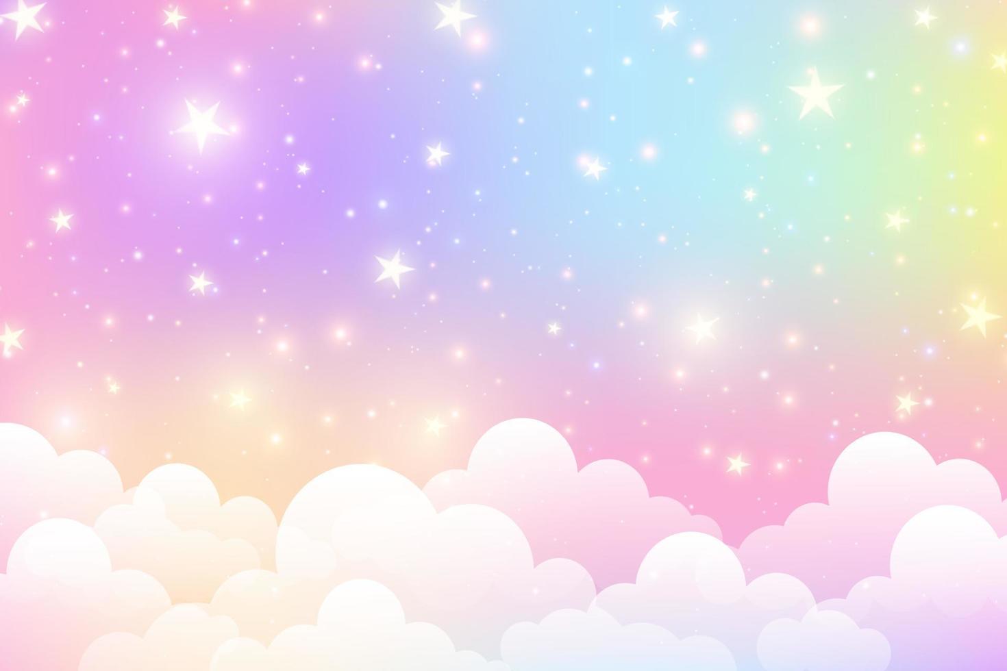 molnig himmel bakgrund. enhörning fantasi pastell galax. regnbåge söt tapet. fluffig magi rosa landskap. vektor illustration