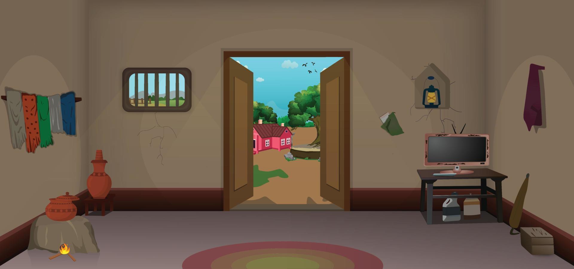 Dorf Arm Zimmer Innerhalb mit Tür Karikatur Hintergrund, Arm Haus Zimmer Innere Vektor Illustrationen.