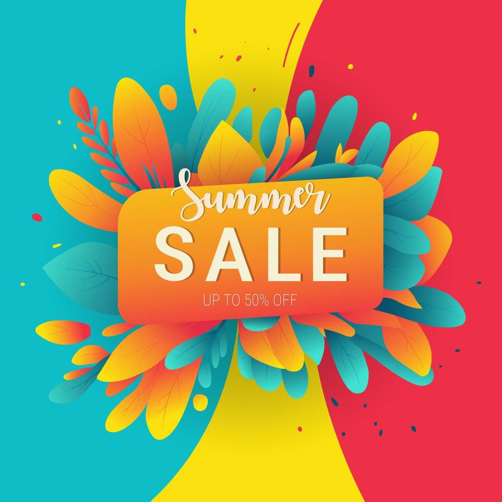 Sommer- Verkauf Banner, hell Farben, Blätter, 50 Prozent Rabatt, Vektor Illustration