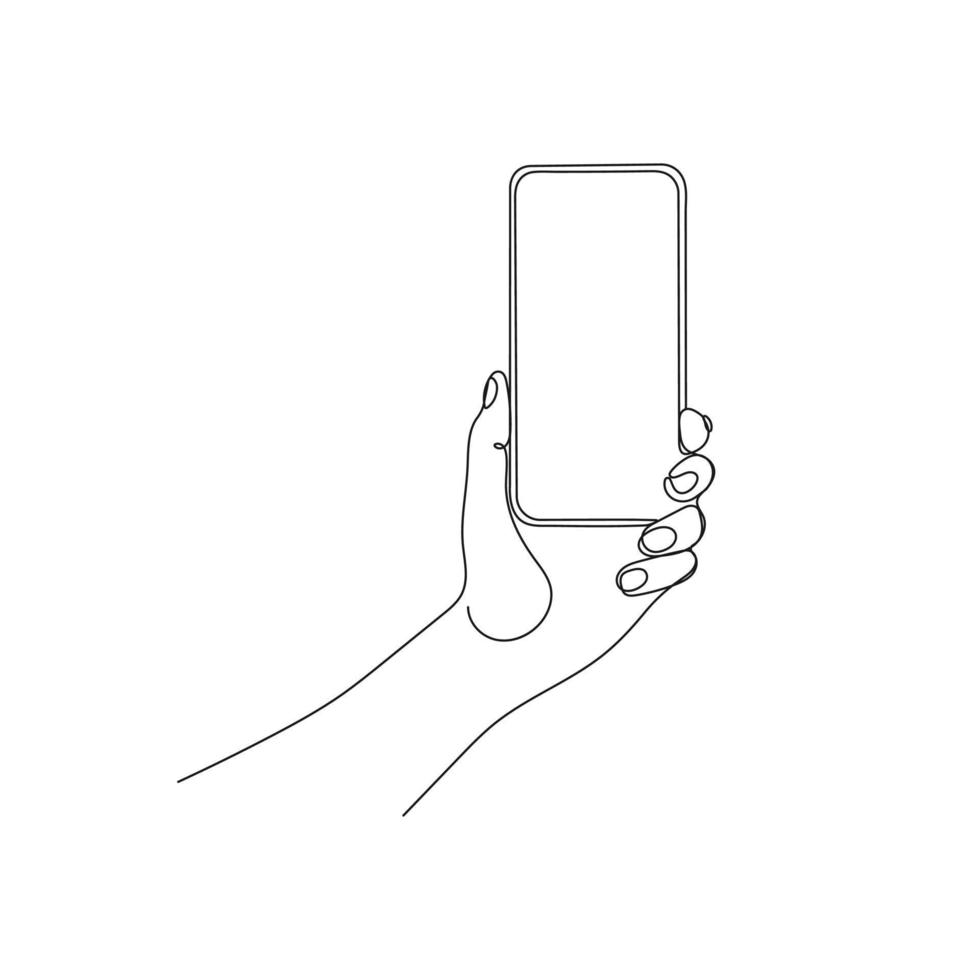 Hand halten Telefon, Smartphone. einer Linie Kunst. Person halten Gerät. Hand gezeichnet Vektor Illustration.