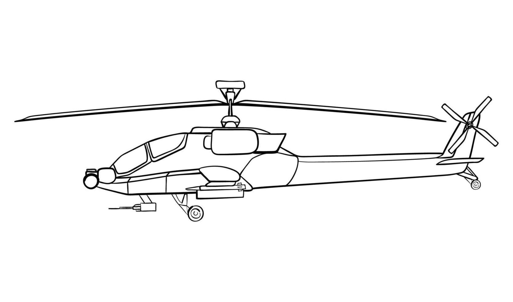 Militär- Hubschrauber Linie Kunst. Gekritzel Seite Sicht. Vektor Illustration isoliert auf Weiß Hintergrund.