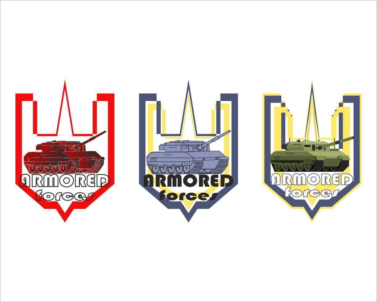 einstellen von Jahrgang Militär- Emblem. gepanzert Panzer Abzeichen und Logo. bunt Vektor Illustration isoliert auf Weiß Hintergrund.