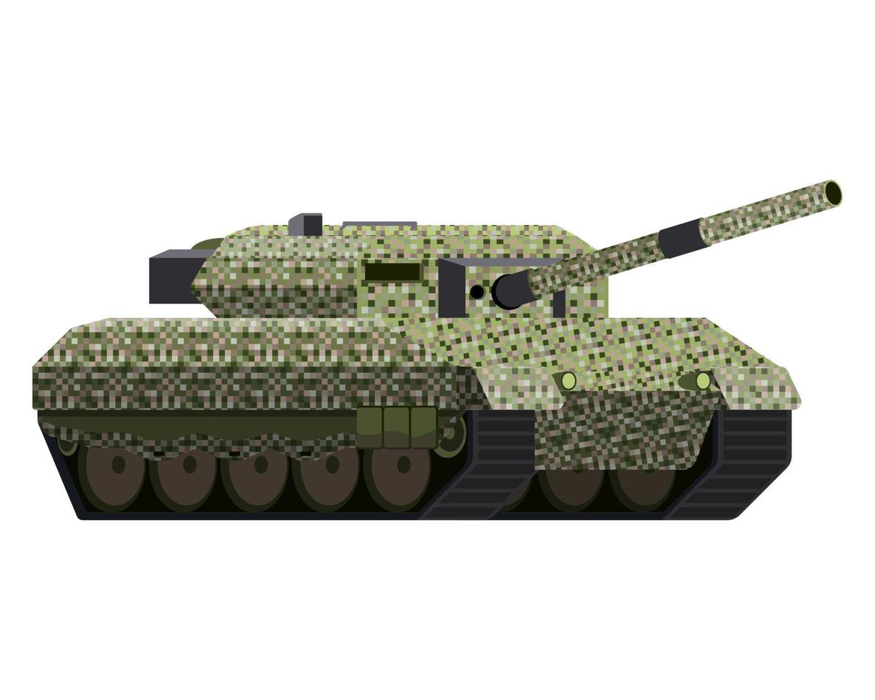 Main Schlacht Panzer im eben Stil. Militär- Fahrzeug. Pixel Tarnung. bunt Vektor Illustration isoliert auf Weiß Hintergrund.