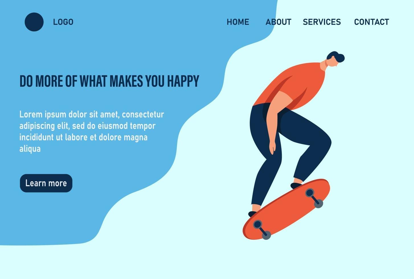 Ein junger Mann oder Teenager fährt ein Skateboard. tue mehr von dem, was dich glücklich macht. Website Homepage Landing Webseite Vorlage. flache Vektorillustration. vektor