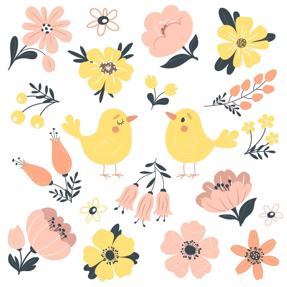 Frühlingskollektion mit niedlichen Vögeln und Blumen. Vektor isoliert auf einem weißen Hintergrund