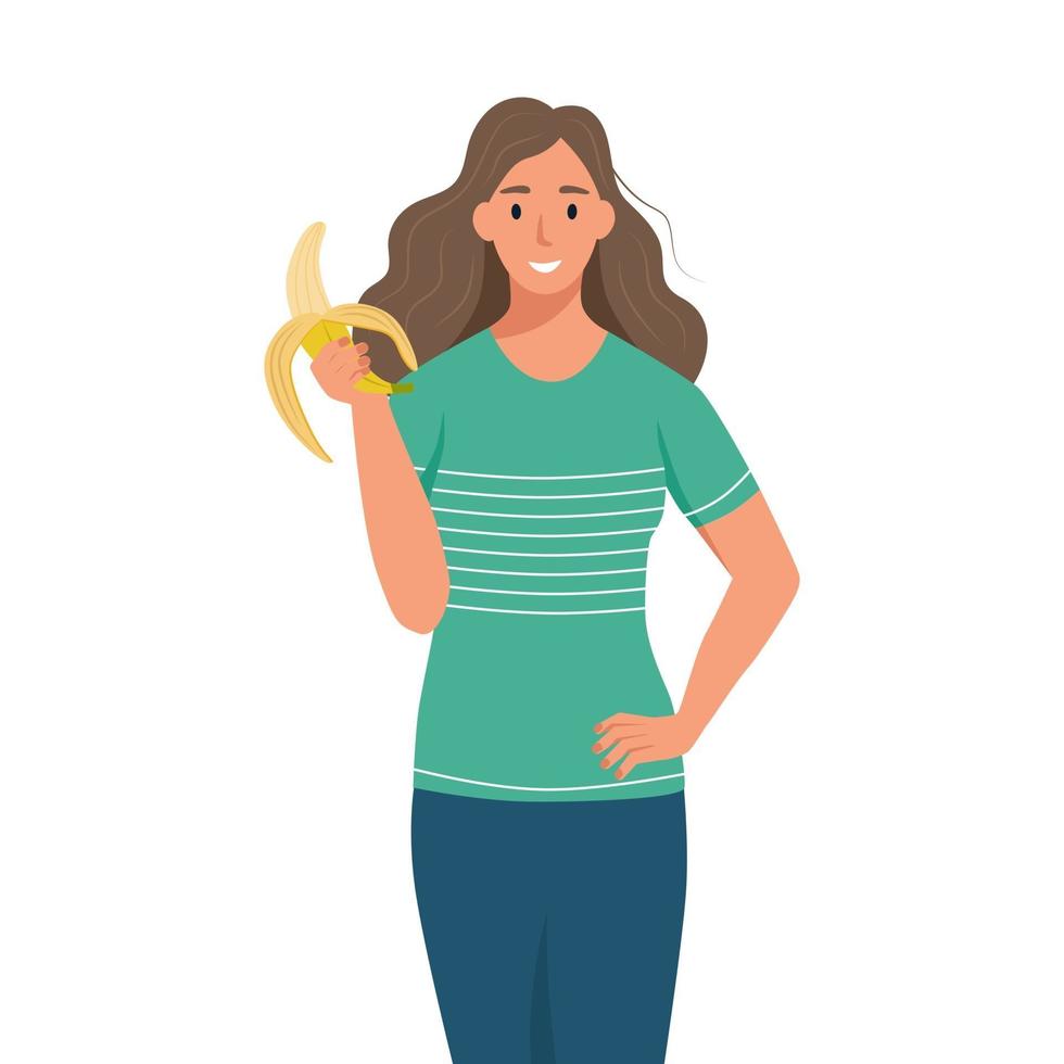 Eine junge Frau hält eine Banane. flache Karikaturvektorillustration lokalisiert auf einem weißen Hintergrund. das Konzept der richtigen Ernährung, Ernährung, vegan vektor