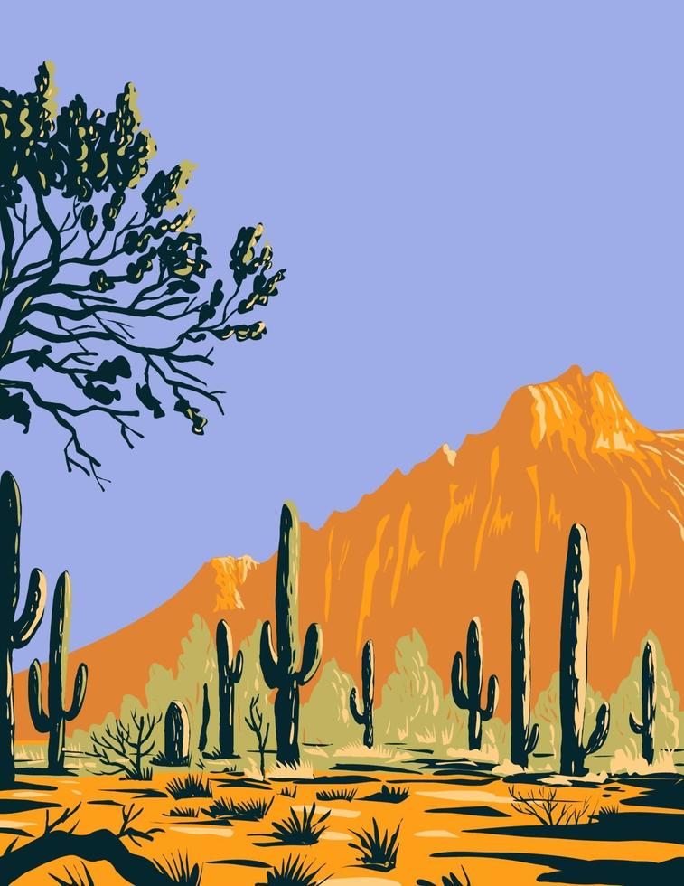 Saguaro-Kaktus oder Carnegiea gigantea im Nationaldenkmalabschnitt des Eisenholzwaldes der Sonora-Wüste in Arizona wpa Plakatkunst vektor