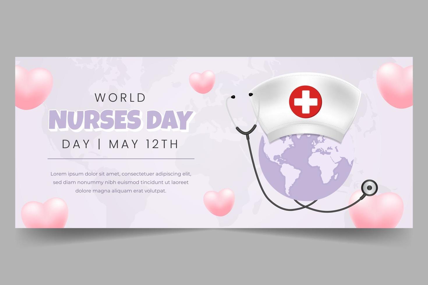 värld sjuksköterskor dag Maj 12th horisontell baner illustration med hatt stetoskop och klot vektor