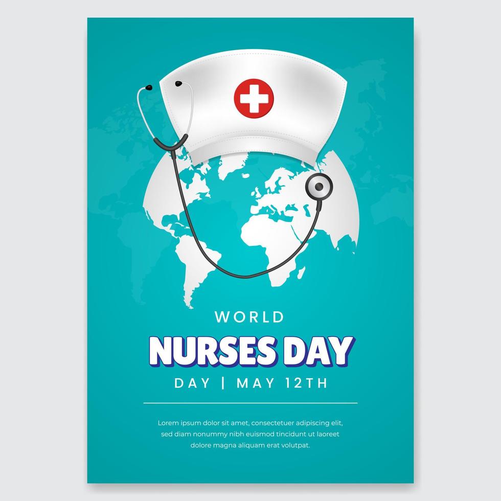 värld sjuksköterskor dag Maj 12th flygblad design med hatt stetoskop och klot illustration på blå bakgrund vektor