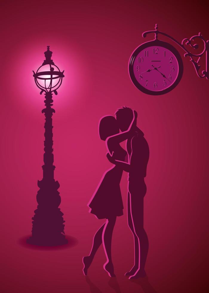 Silhouette von ein Paar im Liebe, ein Datum unter das Uhr, das Licht von ein Laterne vektor