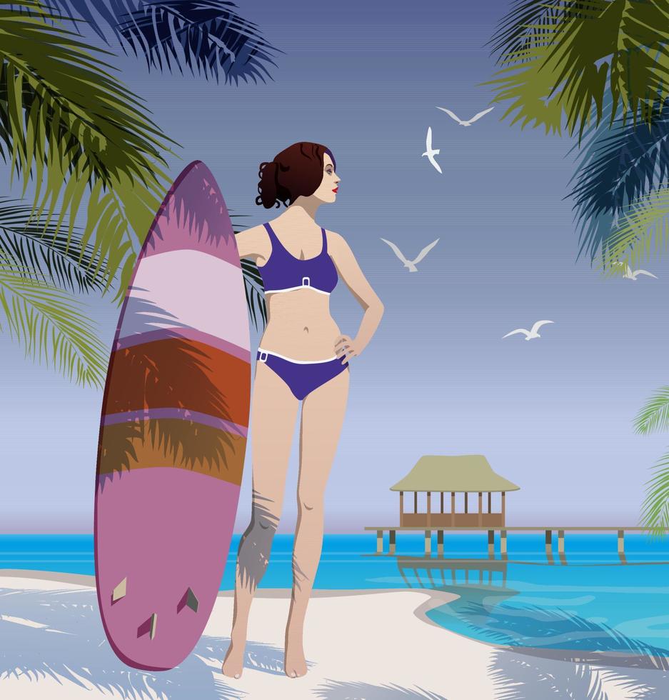 flicka med en surfbräda, bland de handflatan träd på de sandig Strand. vektor. vektor