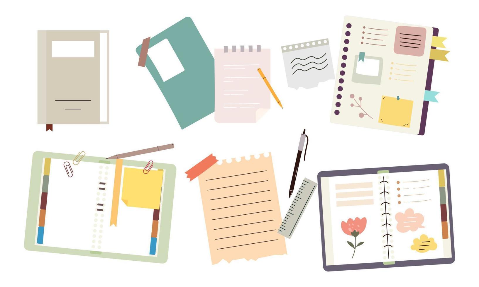 papper anteckningsböcker, anteckningsblock, dagböcker, planerare, arrangörer uppsättning vektor