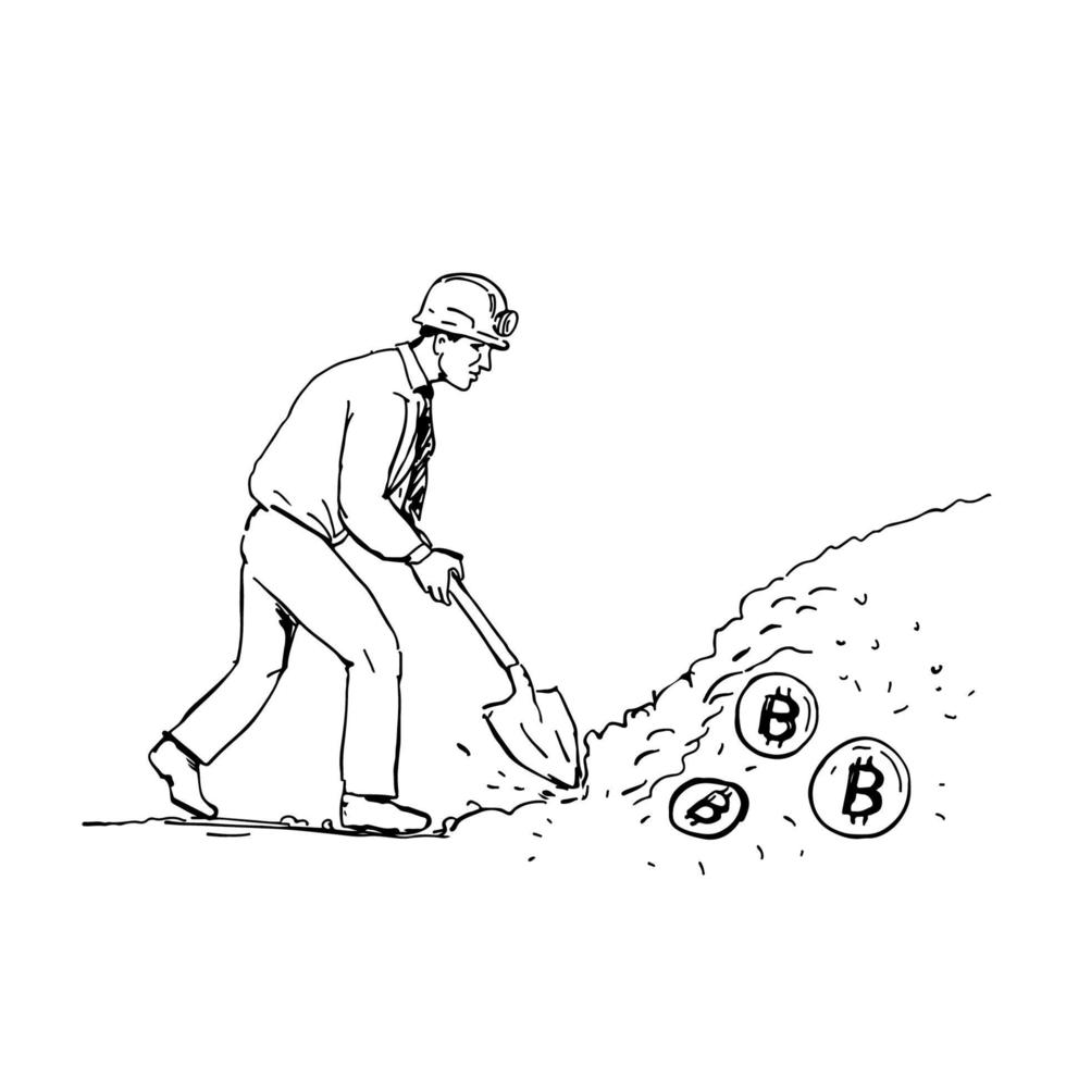 Zeichnung der Kryptowährung von Bitcoin Miner Mining vektor