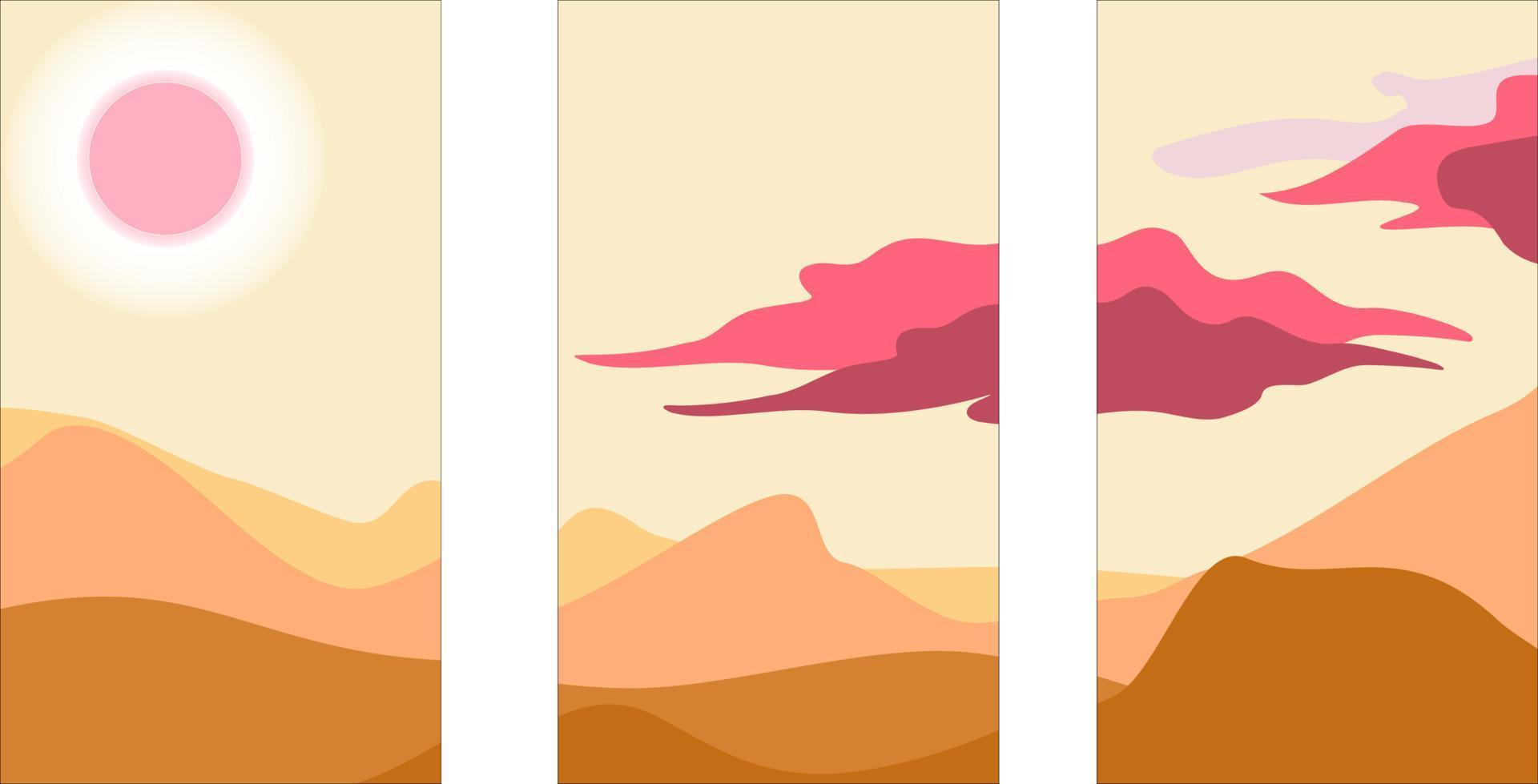 3 setzt von minimal Stil Illustrationen. Vektor von Sonnenaufgang und Wolke mit schön Berge Hintergrund. Design Illustration zum Segeltuch drucken, Poster, Zuhause Dekor, Buch Abdeckung, Hintergrund.
