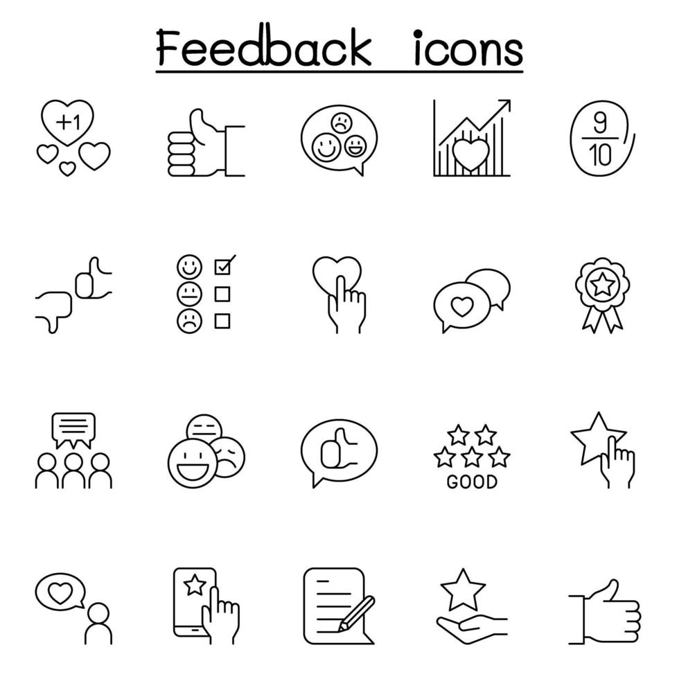 uppsättning av kundåterkopplingslinjeikoner. innehåller sådana ikoner som granskning, kommentar, lojalitet, hantering av kundrelationer, tillfredsställelse och mer vektor