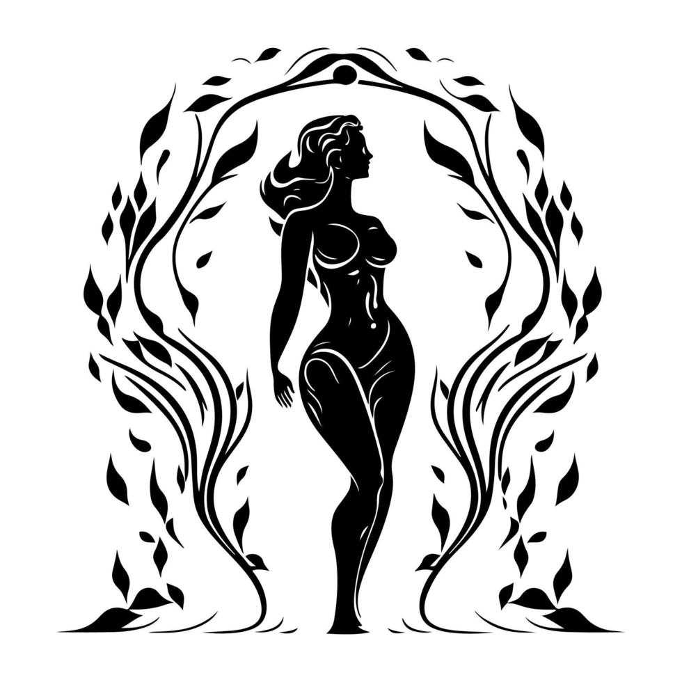 das Silhouette von ein schön Frau im ein Bogen von Blätter. dekorativ Illustration zum Logo, Emblem, Stickerei, Holz Verbrennung, basteln. vektor