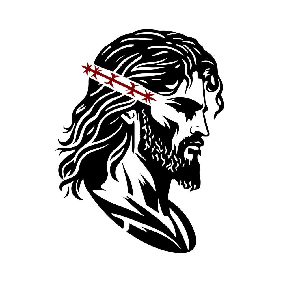 Jesus christ med en krona av taggar på hans huvud. dekorativ vektor design för logotyp, maskot, tecken, emblem, t-shirt, broderi, hantverk, sublimering.