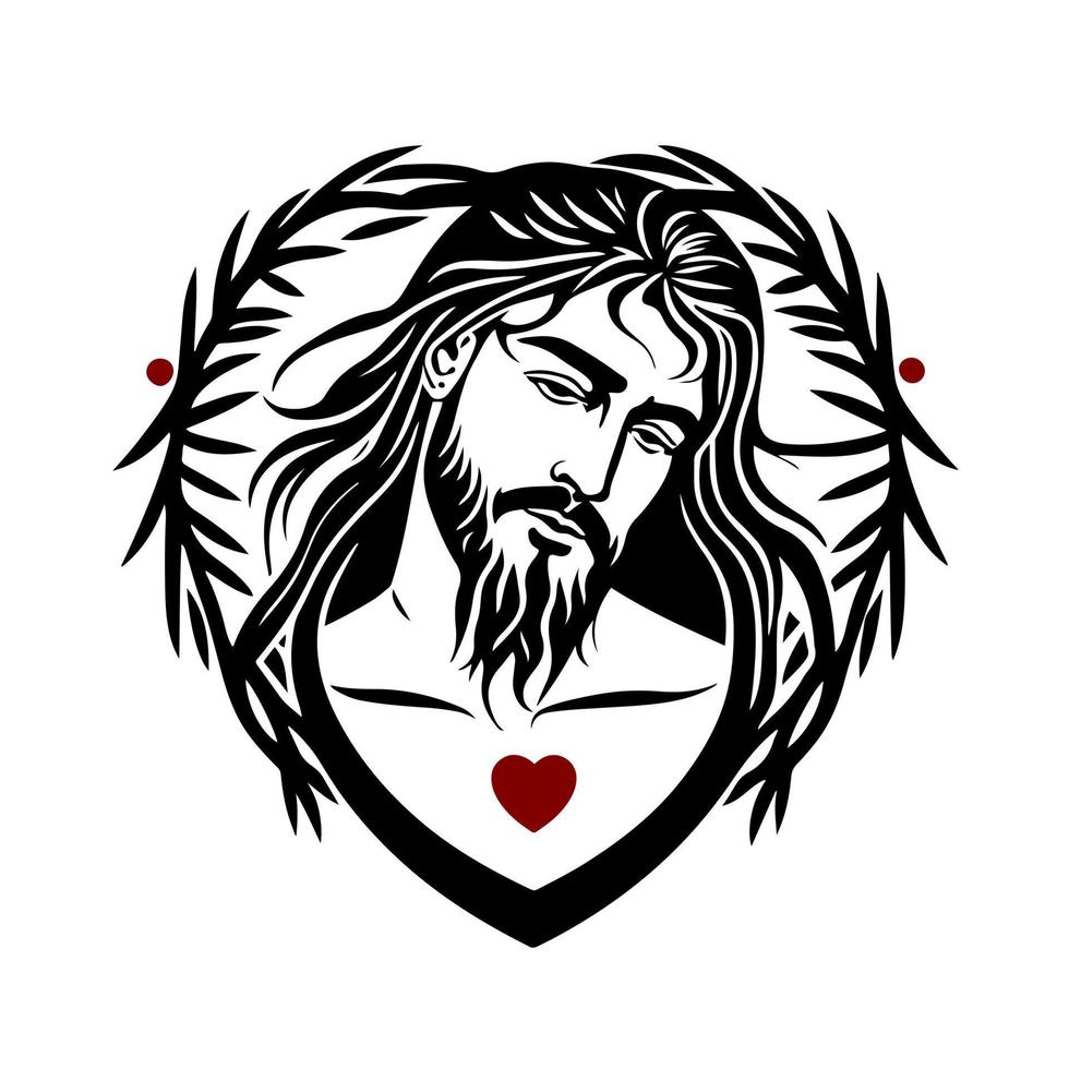 Jesus christ och en krans av en helig växt i de form av en hjärta. dekorativ design för logotyp, maskot, tecken, emblem, t-shirt, broderi, hantverk, sublimering, tatuering. vektor