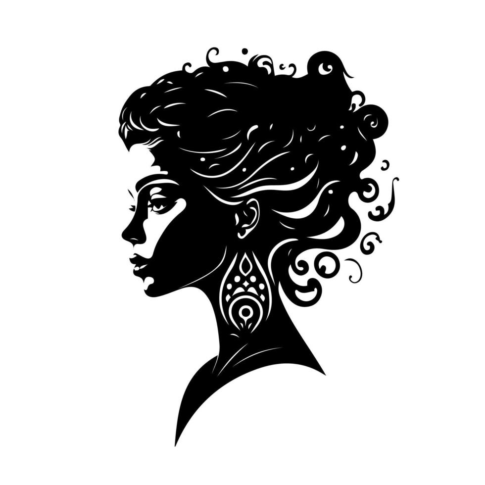 einfarbig Porträt von ein Mädchen mit schön Haar und groß Ohrringe. Design Element zum Logo, Emblem, Maskottchen, Zeichen, Poster, Karte, Logo, Banner, Tätowierung. vektor
